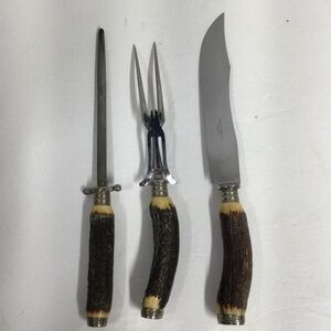 Solingen Antler Handle Carving Set - Knife, Fork & Steel Vintage Germany